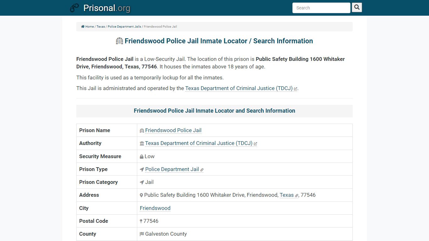 Friendswood Police Jail-Inmate Locator/Search Info, Phone ...