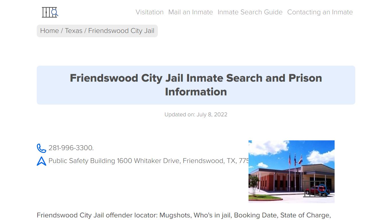 Friendswood City Jail Inmate Search, Visitation, Phone no ...